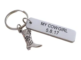 Custom Engraved Aluminum Tag Keychain and Cowboy Boot Charm Keychain; Couples Keychain