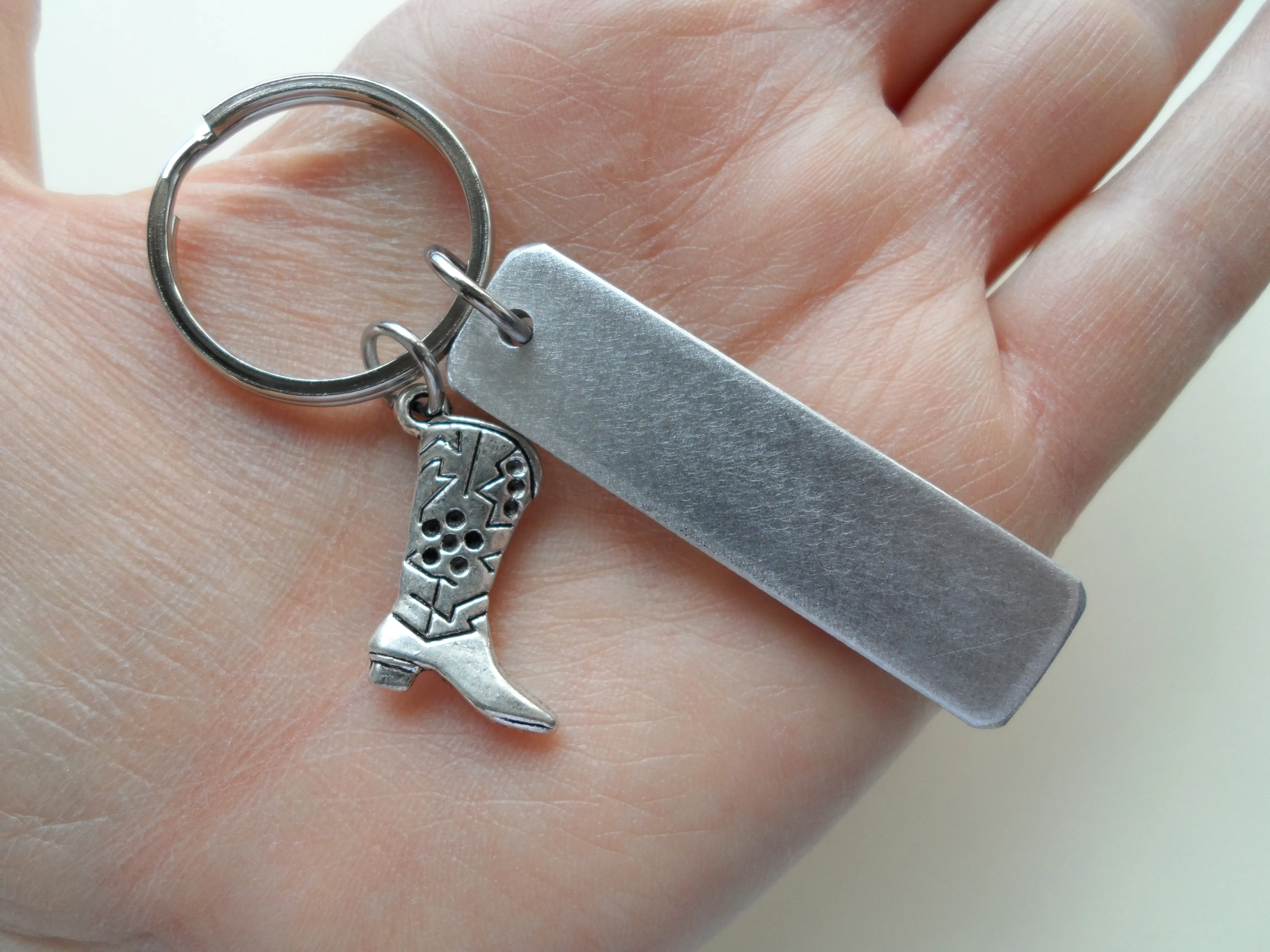 Custom Engraved Aluminum Tag Keychain and Cowboy Boot Charm Keychain; Couples Keychain